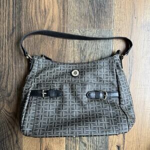 Tommy Hilfiger Shoulder Bag Brown Monogram Canvas Purse Black Leather Trim